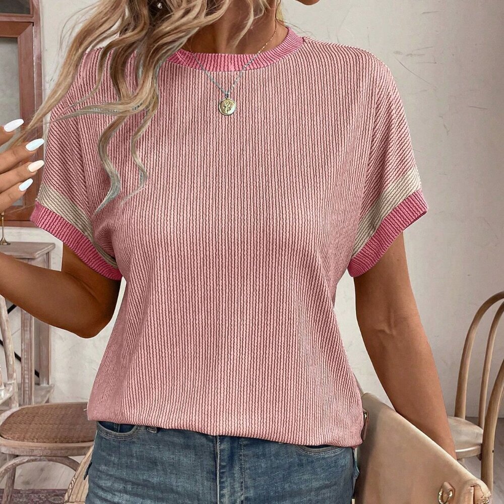 Pink Casual Women's Crew Neck Short Sleeve Striped Loose T-Shirt - Picture 4 of 7